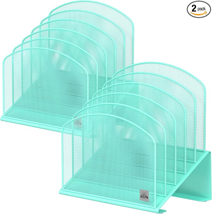 Delifox Inclined Desk File Organizer,Vertical File Folder Holder Stand Metal Rack File Sorter for Office Classroom Desktop Organization (2, Aqua, 5)