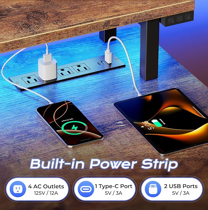 55 inch Gaming Desk, LED & Outlets, Monitor Stand, Rustic Brown | Sturdy PC Desk for Home Office, Study & Work, LED Lights, 4 AC Outlets & USB-C Charging Station