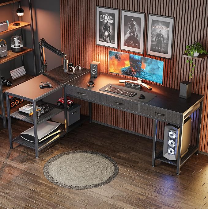 63 Inch L Shaped Office Desk with Power Outlets and Type-C Port, Large Computer Gaming Desk with 3 Fabric Drawers, Mesh Shelves, Corner Study Work Writing Desk, Black