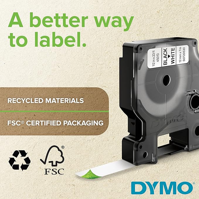 DYMO D1 Labels 1/2-Inch x 23-Foot Roll Black Print on White Self-Adhesive For LabelManager Label Makers
