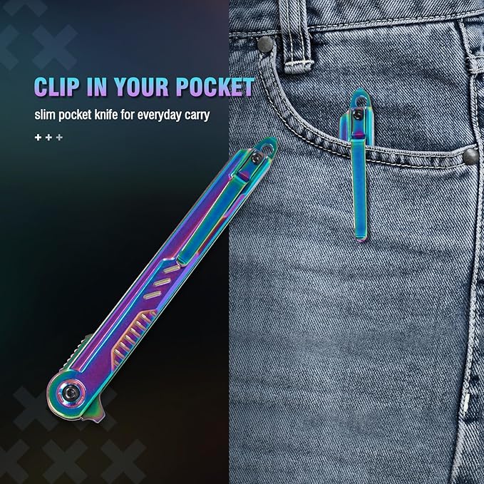 Rainbow Pocket Knife for Men & Women - EDC Folding Knives with Clip, Glass Breaker, Flipper and Liner Lock for Self Defense - Cool Survival Knife for Outdoor Camping