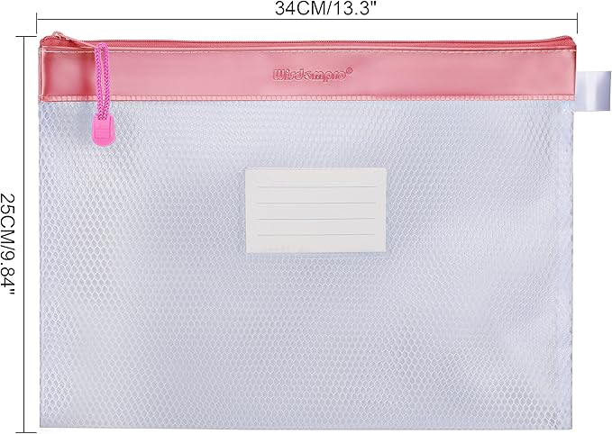 Zipper Pouch, Wisdompro 4 Packs Durable Letter Size Waterproof Mesh File Bag, Document Organizer - Pink