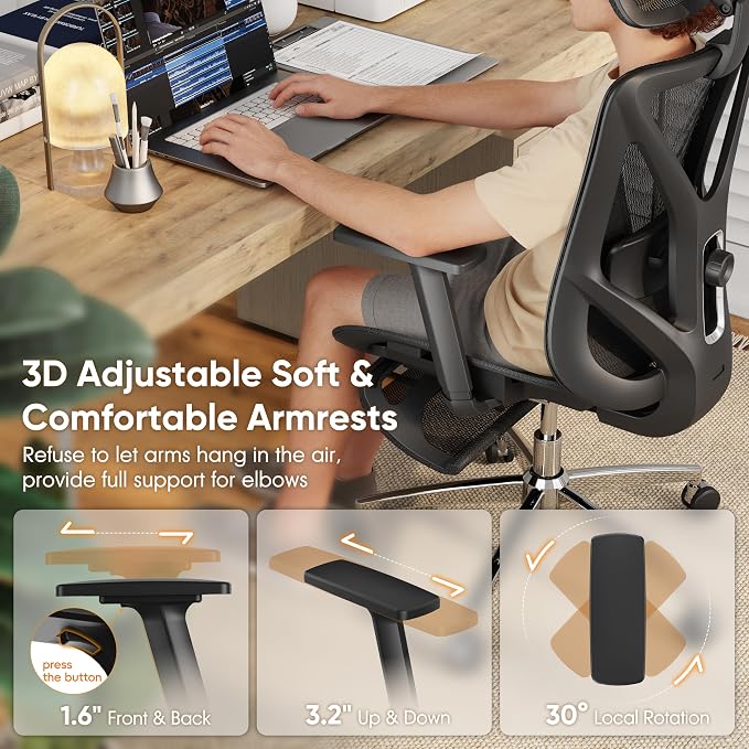 Ergonomic Office Chair with Footrest, 135° Reclining Desk Chair with Adjustable Lumbar Support,3D Armrest,Headrest & Large Steel Base, 300LBS Heavy Duty Mesh Chair