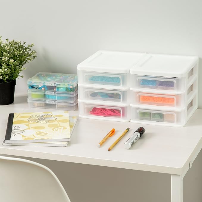 IRIS USA 4-Pack 3-Drawer Small Desktop Organizer, Stackable, White | Keep dorm desks tidy with drawers for school supplies, makeup, chargers, snacks and everyday college essentials