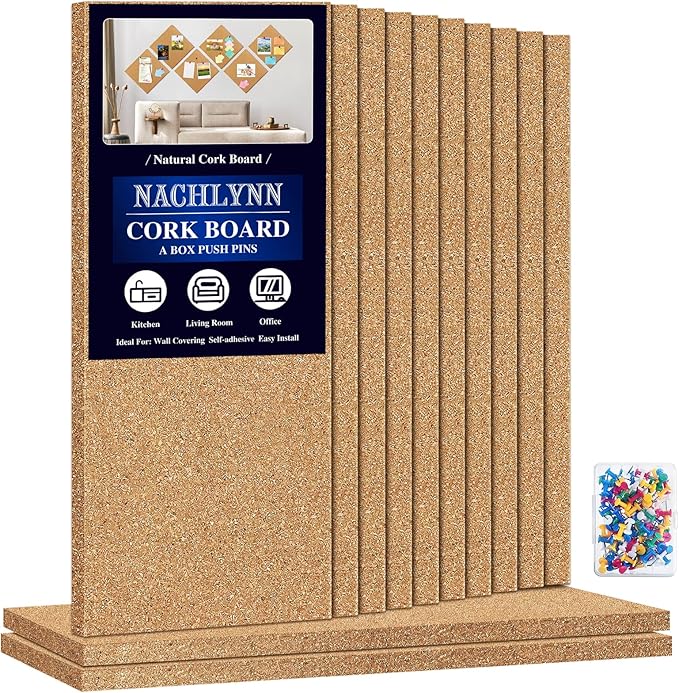 NACHLYNN Cork Board 12 Pack 17 x 8 Square Bulletin Board for Wall Self-Adhesive Corkboards with 100 Push Pins Frameless Cork Tiles for Walls Home Office