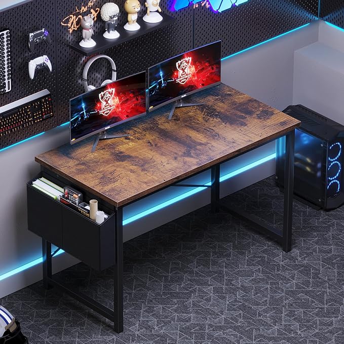 OLIXIS Computer Desk, 47 Inch Gaming Desks for Home Office Small Spaces | Writing Study Craft Work Table, Computer Workstation for Bedroom with Storage Bag, Rustic Brown