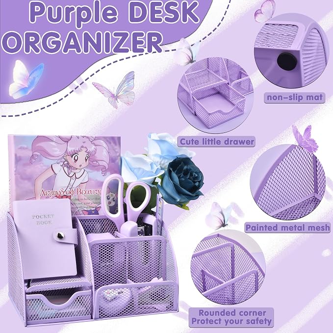 Purple Desk Accessories, 26Pcs Office Supplies and Desk Organizers, with Tape Dispenser, Stapler, Staple Remover Ect, Gift Box Packaging