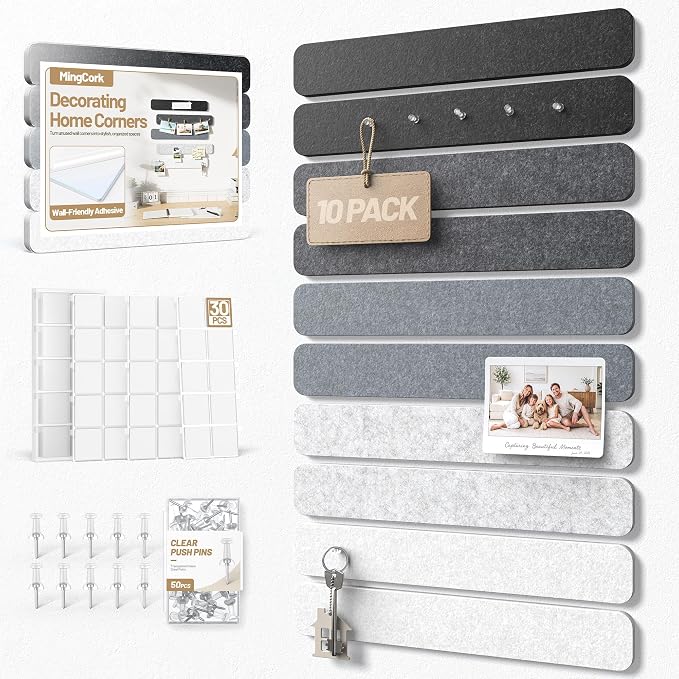 10 Pack 13"x2" Cork Board Strip with Removable Adhesive Squares & Push Pins | Pin Board Alternative Felt Strip Bulletin Board, Felt Board for Photo & Note Display, Home Office Decor - Urban Slate