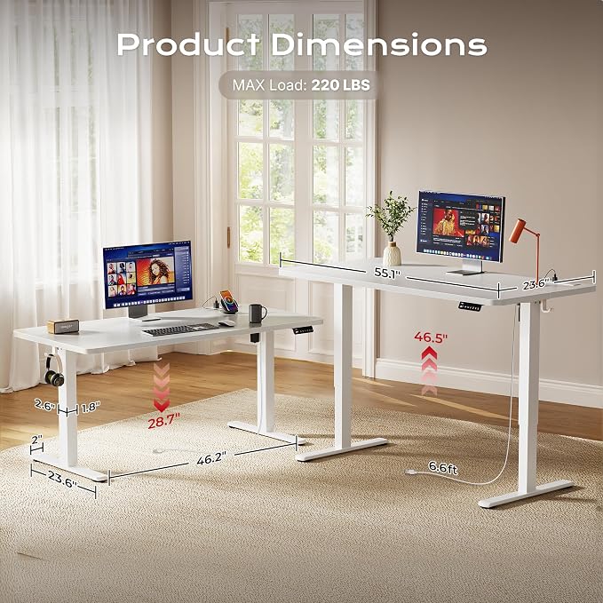 Huuger Electric Standing Desk with Power Outlets and USB-C Port, 55 X 24 Inch Height Adjustable Desk, Sit Stand Desk for Home Office, Computer & Gaming Desk with 4 Presets, Stable Steel Frame, White