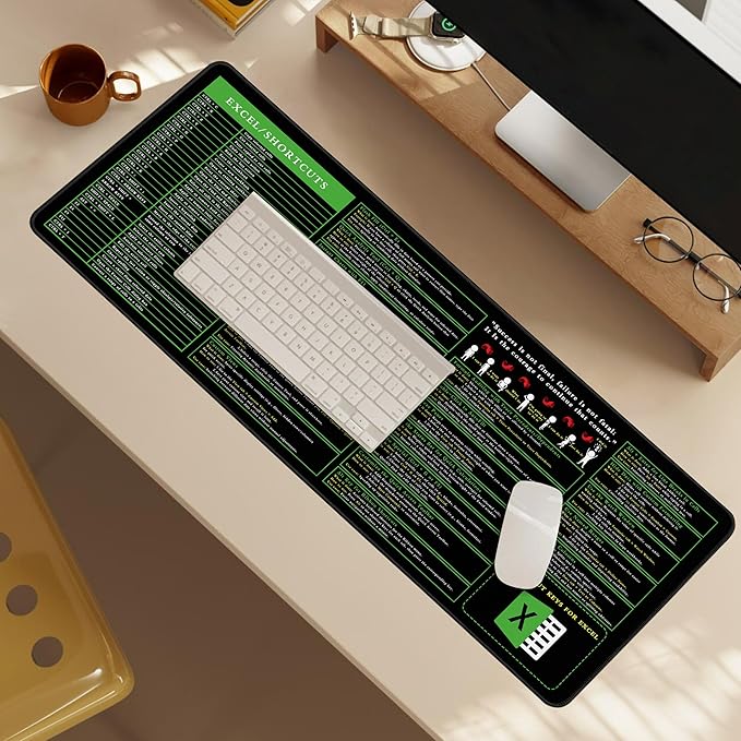 Excel Cheat Sheet Desk Pad, 31.5"x11.8", Waterproof Extra Large Excel Shortcut Mat with Stitched Edges, Anti-Slip Excel Mouse Pad for Office Desk, MS Excel/Word Shortcuts (Green Shortcut A)