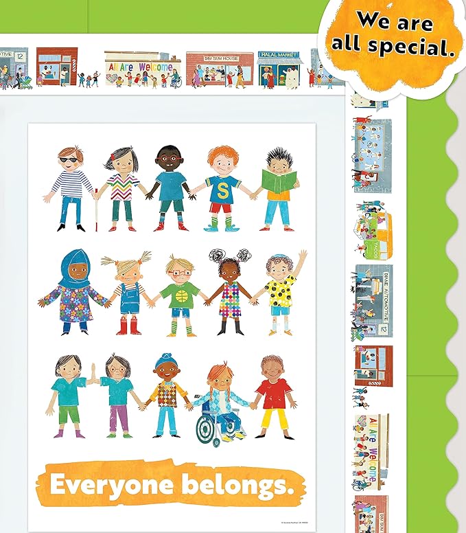 Carson Dellosa All are Welcome 65Ft Celebrate Diversity Bulletin Board Borders, 1 Roll of All are Neighbors Trim for Rolling Whiteboard, Cork and Posterboard, Office Decorations, and Classroom Decor