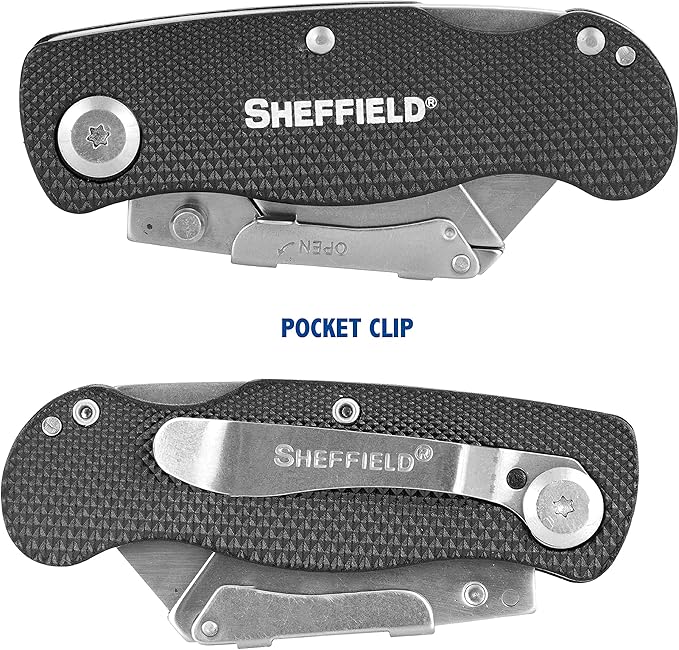 Sheffield Folding Utility Knife, Accepts Standard Utility Knife Blades, Box Cutter Aluminum Handle, Razor Blades Included, For Home, Office, Trades, and Warehouse
