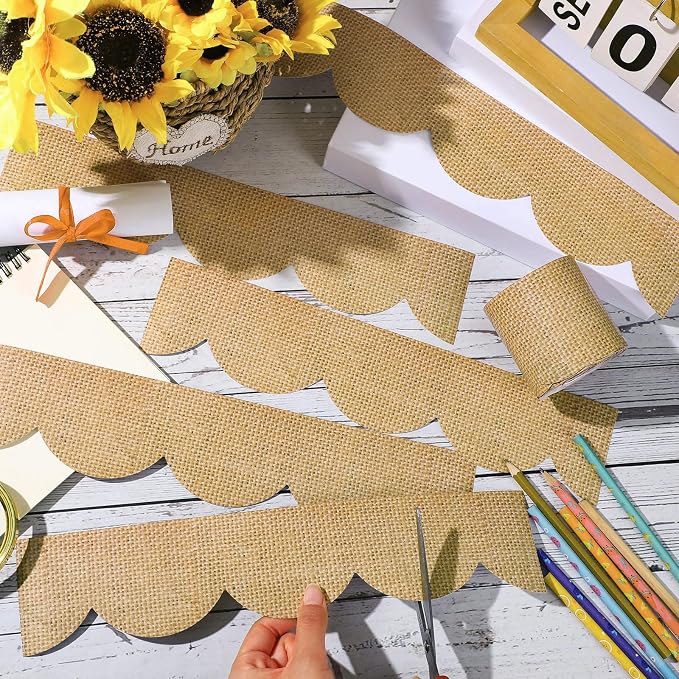 Zonon 65.6 Feet Burlap Bulletin Board Border Farmhouse Classroom Decor | 1 Roll Tan Light Brown Border Scalloped Trim, Suitable for Back To School Chalkboard, Poster, Wall, Office Decor
