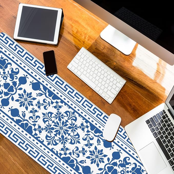 Blue Flroal Desk Mat, Blue and White Mouse Pad for Desktop 31.5x11.8 | Flower Mouse Pad For Desk, Chinoiserie Desktop Mats,Blue White Office Decoration Aesthetic, Blue Computers Pads