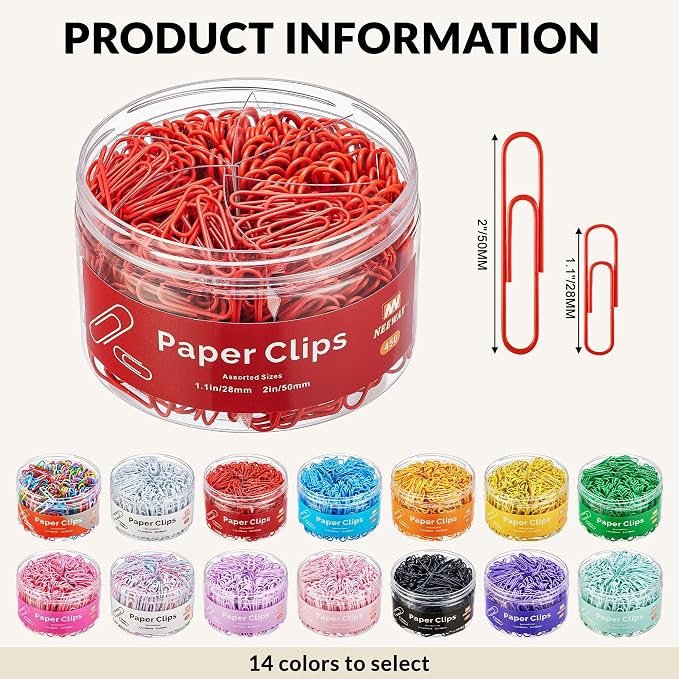 NEEWAY 450pcs Paper Clips Assorted Sizes, Small and Large Paper Clips (1.1 inch, 2 inch), Coated Paperclips for Office School Document Organizing (Red)