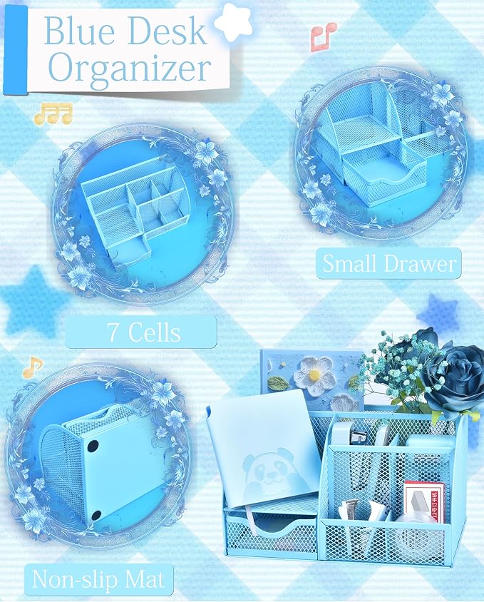 23pc Blue Desk Accessories and Organizers with Mesh Organizer Stapler Tape Dispenser Calculator and a Lot of Office Purple Office Supplies Beautifully Presented in a Gift Box