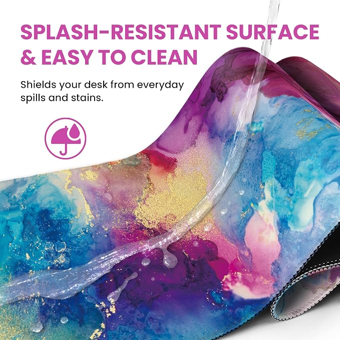 Aesthetic Desk Mat, Cute Color Splash Desk Pad Protector for Work & Decor, 35.4" x 15.7", Pretty Non-Slip Extended Mouse Pad for Office or Home