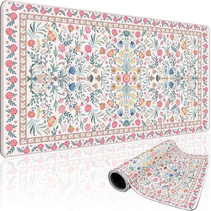 Pink Floral Large Gaming Mouse Pad Desk Mat 31.5"x15.7" | Extended Mousepad, Non-Slip Rubber Base , Stitched Edges, for Computer/Laptop/Office/Home