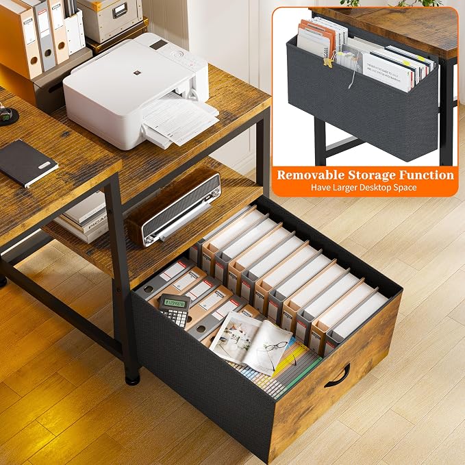 EnHomee 56.5" Office Desk with Drawers & Printer Space for Home Work,Brown | Computer Desk with 3 AC Outlets& 2 USB Ports,40"*7" Long Monitor Stand,Side Pockets with Storage Space,Home Office,Bedroom