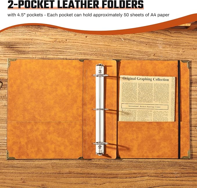 Ovesmusl PU Leather 3 Ring Binder 2 Inch Fits 8.5"x11" Letter Size Paper | 2 Inch Round Ring Binder Holds 500 Sheets, Notepad Paper Cover Loose Leaf Organizer, Brown Sun