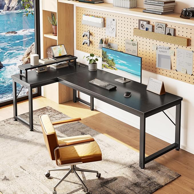 53" L Shaped Computer Desk, Power Outlets, Monitor Stand, Black | USB-C Ports, Reversible Charging Station, Spacious Desktop & Legroom, 0.94 Inch Thick Desktop, for Gaming, Study & Work