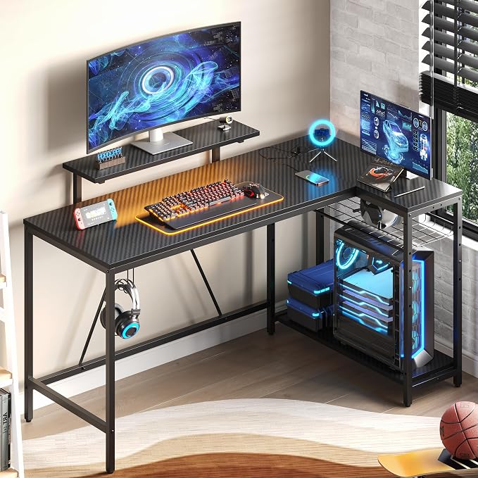 Bestier 58-Inch L-Shaped Gaming Desk with Charging & LED, Black | Charging 3AC+2USB, RGB LED Strip, Reversible Shelves, Monitor Stand, Headphone Hook, Metal Mesh Shelf, 58 in