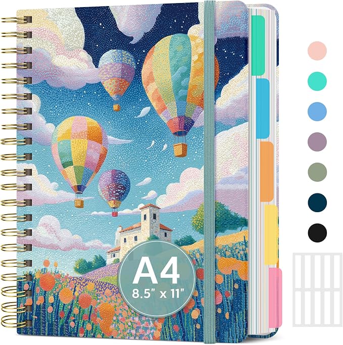 Large Spiral Notebooks for Work 5 Subject with Removable Dividers | 8.5" x 11" Pretty Hardcover Notebook Journal for Women, College Ruled, Perfect for Study & Office , 280 Pages, Balloon Valley