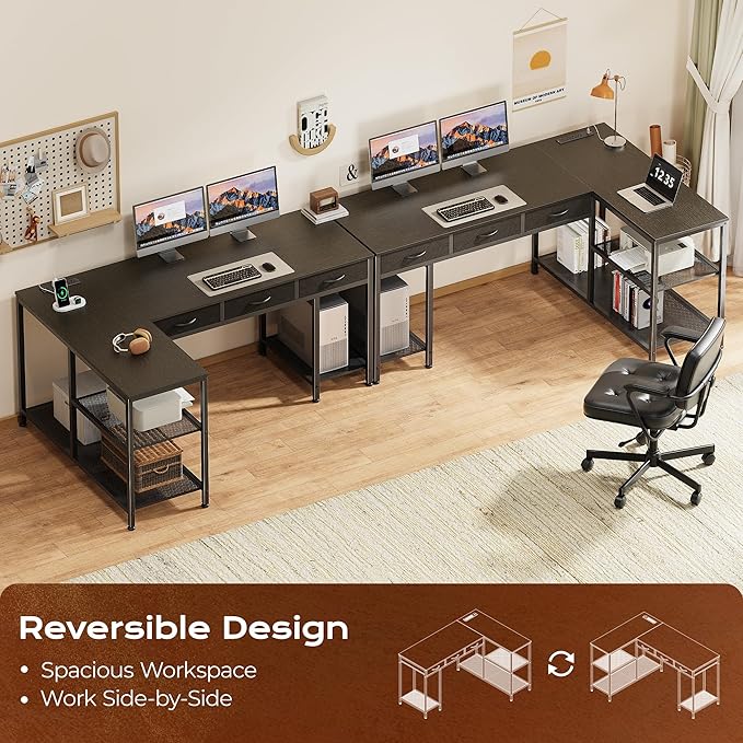 55 Inch L Shaped Office Desk with Power Outlets and Type-C Port, Large Computer Gaming Desk with 3 Fabric Drawers, Mesh Shelves, Corner Study Work Writing Desk, Black