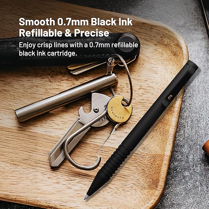 Everyman Black Super Matte Mini Twist Gel Pen | Compact Refillable 0.7mm Gel Pen with Twist Mechanism | Durable Metal EDC Writing Tool for Travel, Office, Work & Gifting