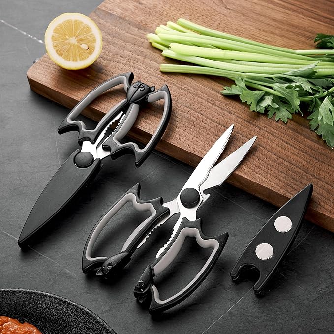 Kitchen Scissors All Purpose 2 Pack - Halloween Goth Cute Kitchen Shears - Heavy Duty Stainless Steel Cooking Shears for Cutting Meat, Food, Poultry - Featuring a Magnetic Protective Sheath