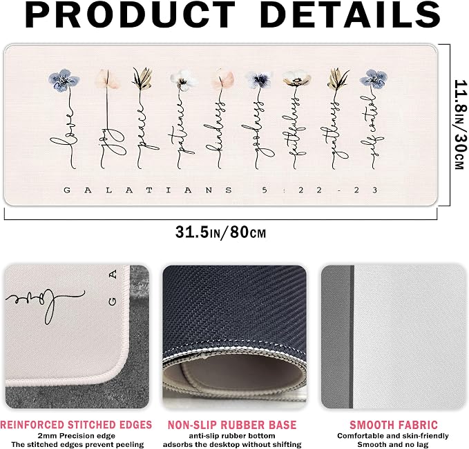 Christian Desk Mat Bible Verses Mouse Pad Flroal 31.5x11.8 | Gakatians 5:22, Bible Christian Desk Accessories, Light Pink Computer Mat for Office, Church Religious Gifts for Women
