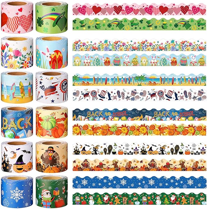 Geyee 12 Rolls 394 ft Holiday Bulletin Board Borders Seasonal Bulletin Board Decorations Easter Summer Trim for School Classroom Wall Decor