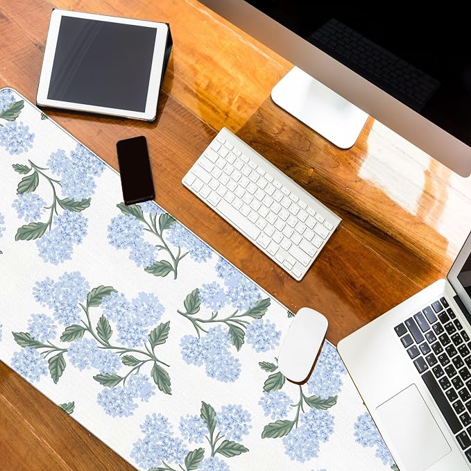 UTELKA Blue Desk Mat, Flroal Desk Matt for Desktop Mouse Pad 31.5x11.8 | Blue Desk Accessories, Blue and White Mouse Pad, Hydrangea Extra Large Desks Mat, Aesthetic Office Accessories for Women