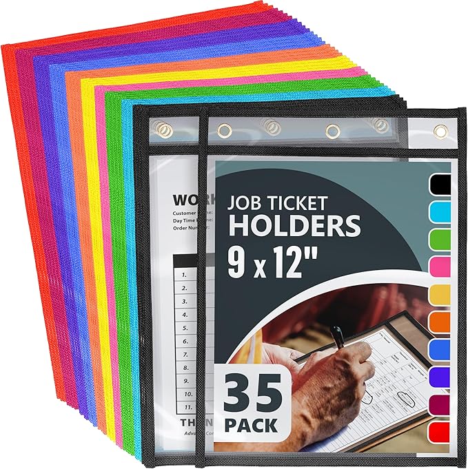 35 Pack Job Ticket Holders 9x12 inch - Colored Work Order Plastic Sleeves - Shop Ticket Holders - Reusable Dry Erase Pocket Sleeves - Sheet Protectors Heavy Duty - Clear Paper Sleeves Protector