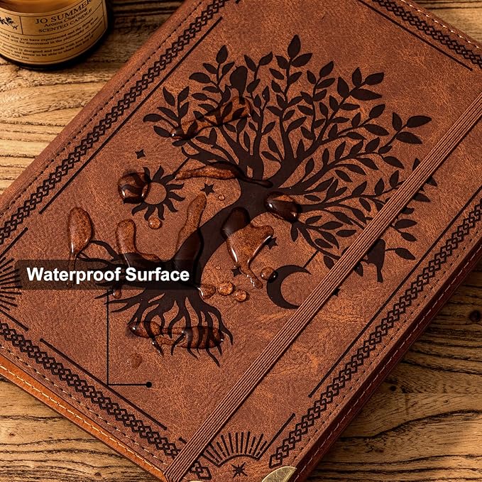 PU Leather A5 Binder 6 Ring Refillable Journal Cover No Refill Paper A5 Planner Binder Loose Leaf Binder for Notebook 5.7”x8.3” with Elastic Closure, Brown Tree
