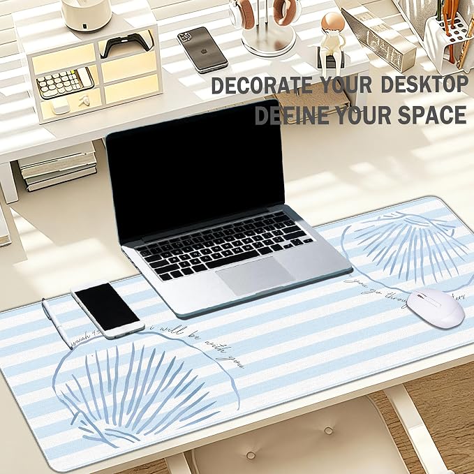 Beach Coastal Desk Mat Summer Blue Mouse Pad Large 31.5x11.8 | Christian Desktop Mats For Desk, Blue And White Laptop Keyboard Mat, Coastal Decor For Office Dorm,Christian Desk Mat