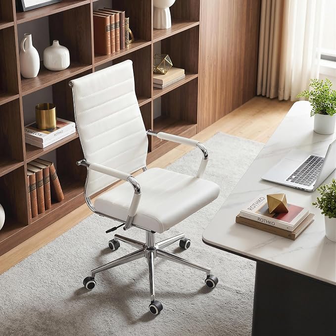 Okeysen Office Desk Chair, Ergonomic Leather Modern Conference Room Chairs, Executive Ribbed Height Adjustable Swivel Rolling Chair for Home Office Set of 1. (White)