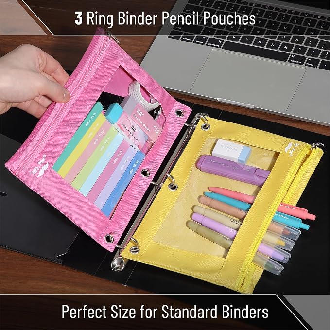 Mr. Pen- Pencil Pouch for 3 Ring Binder, 2 Pack, 10"x6.75", Smooth Zipper | Clear Window, Large Capacity Pencil Case with 3 Reinforced Grommets for School, Office, Supplies Storage | Clear Window, Large Capacity Pencil Case with 3 Reinforced Grommets f...