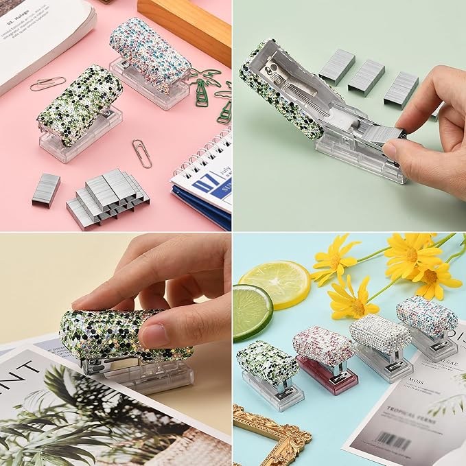 Bling Rhinestone Stapler, Sparkly Diamond Staplers, Cute Desk Stapler for Women & Girls, Bling Crystal Machine Pretty Office Stationery Kit (Green with AB Color Plated, Small)