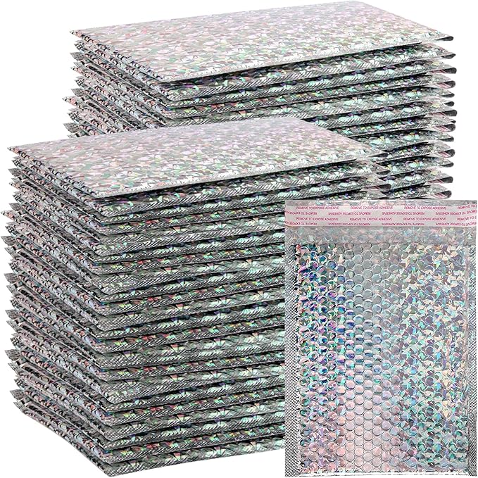 SINJEUN 50 Pieces 6 x 10 Inch Holographic Bubble Mailers, Silver Metallic Padded Bubble Mailers, Glamour Self Sealing Cushion Envelopes for Mailing, Shipping and Packing