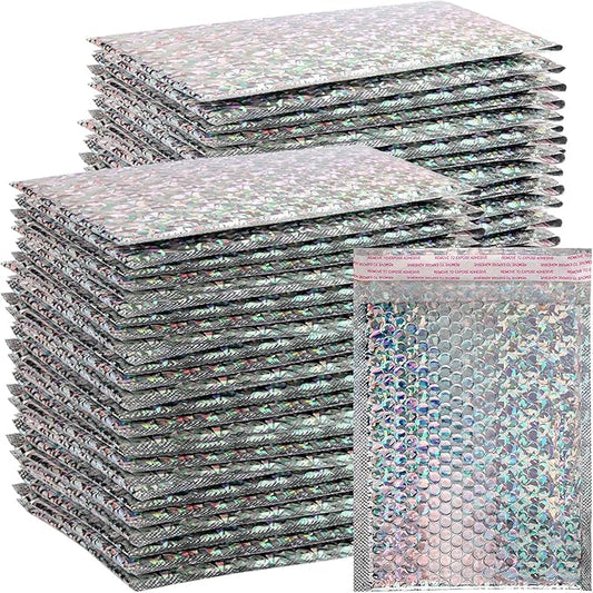 SINJEUN 50 Pieces 6 x 10 Inch Holographic Bubble Mailers, Silver Metallic Padded Bubble Mailers, Glamour Self Sealing Cushion Envelopes for Mailing, Shipping and Packing