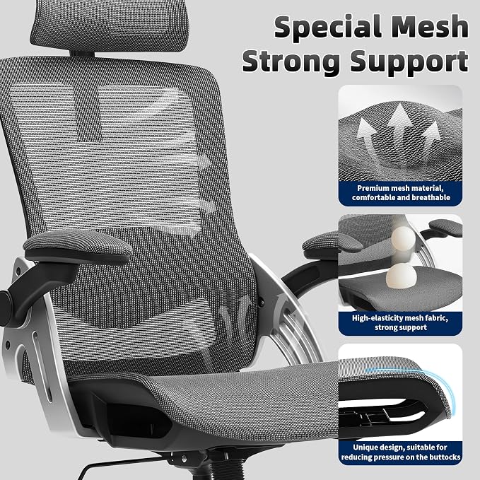 Fizzin Office Chair Mesh Desk Chair with 3D Armrests Computer Chair | Ergonomic Office Chair with Adjustable Lumbar Support and Headrest 125° Tilt and Wide Mesh Cushion High Back Home Desk Chair