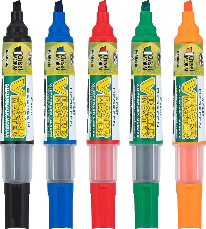PILOT V Board Master Refillable Dry-Erase Markers, Medium Chisel Tip, Assorted Color Inks, 5 Count
