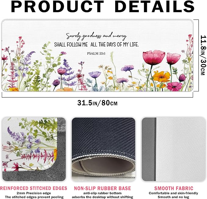Flroal Christian Desk Mat, Bible Verses Large Mouse Pad 31.5x11.8 | Surely Goodness and Mercy, Flroal Gaming Mouse Pad, Bible Inspiration Gifts, Christian Office Decor for Women