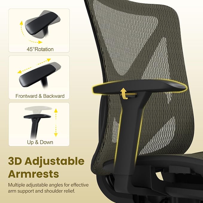 Ergonomic Office Chair, Mesh Computer Desk Chairs with Adjustable Lumbar Support, 3D Armrests, Tilt Function, Comfy Wide Seat, Swivel Executive Work Task Chair for Company and Home