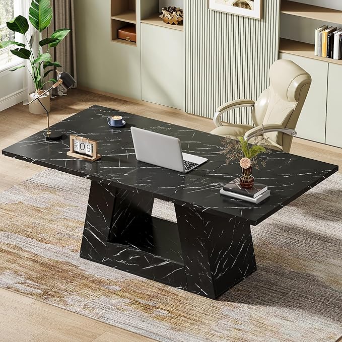 Tribesigns Modern Executive Desk, 63-Inch Large Office Desk Workstation, Simple Style Computer Desk Study Table with Sturdy Base, Wooden Faux Marble Writing Desk for Home Office, Black