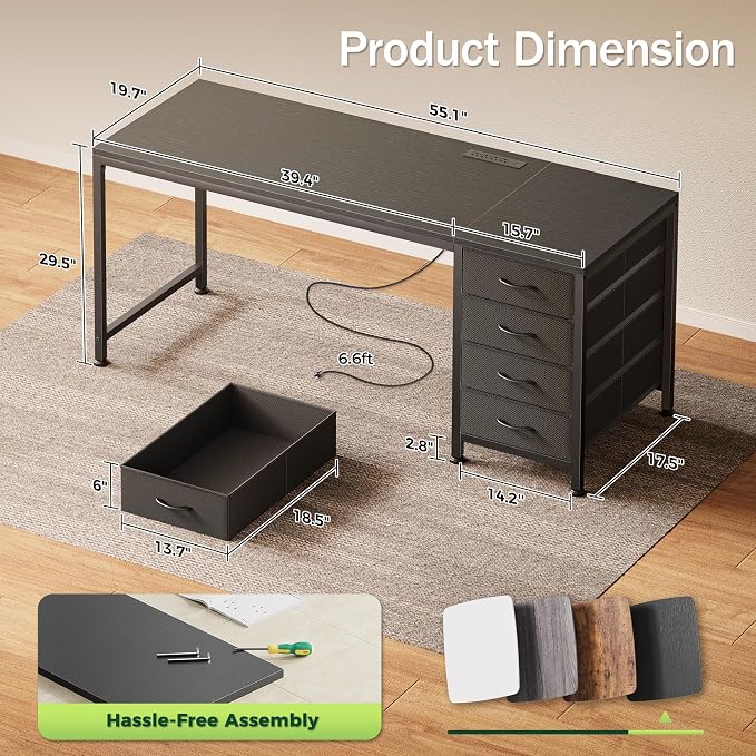 55.1 Inch Computer Office Desk with Power Outelts and USB-C Port, Reversible Gaming Desk with 4 Fabric Drawers, Work Study Desk Work from Home, Black