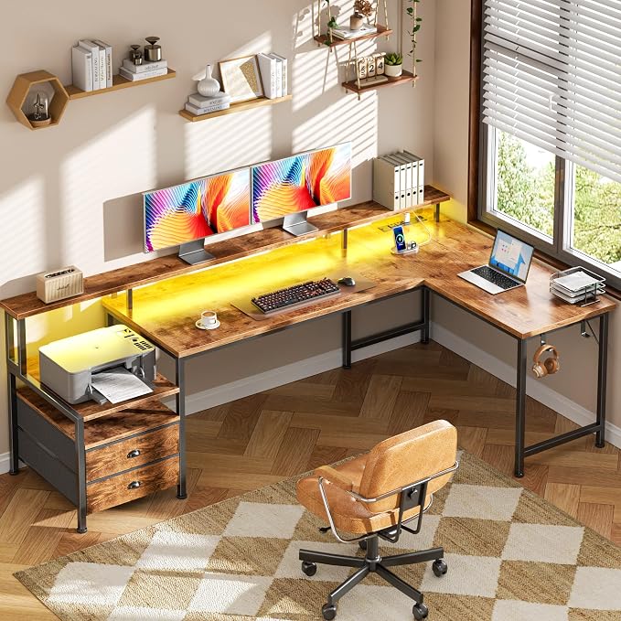 Korfile 66'' L Shaped Computer Desk with Storage Drawers, Power Outlet, LED | Large Office Desk with Host Stand, Reversible Corner Design for Gaming, Work, Home Office, Study Room, Bedroom