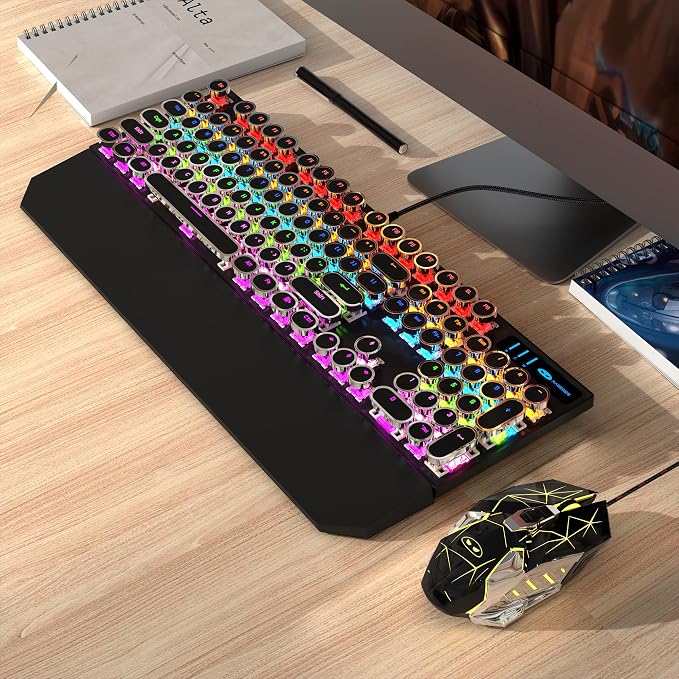 Typewriter Mechanical Gaming Keyboard and Mouse Combo, Retro Punk Round Keycaps RGB Rainbow Backlit Wired Keyboard for Game and Office, for Windows Laptop PC, Red Switches(Black)