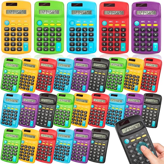 BAYSING 24 PCS Basic Calculators, Pocket-Size Mini with 8 Digit Display | Solar/Battery Dual Power - Bulk for Students, Classroom, Junior High, School, Home & Office (6 Colors)